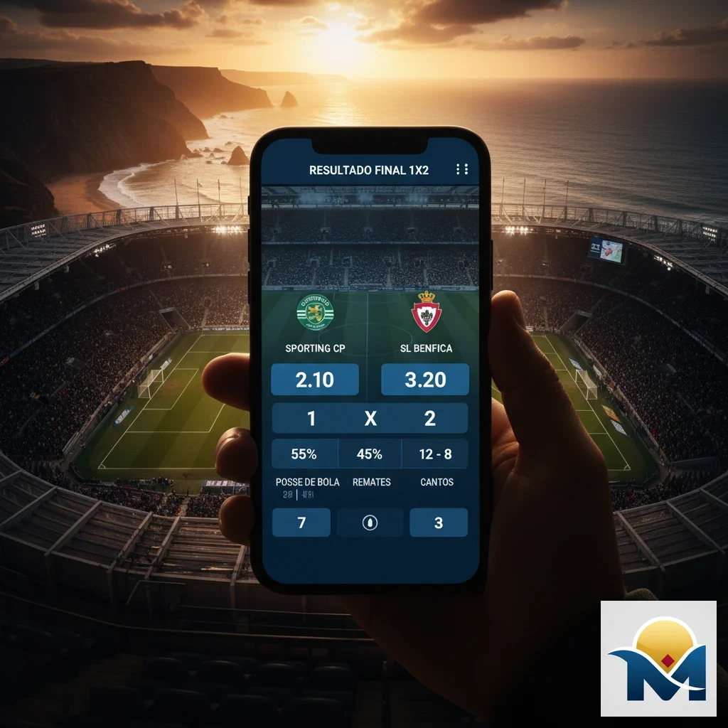 Interface de ecrã tátil com seleção de vitória caseira e empate num jogo da Primeira Liga.